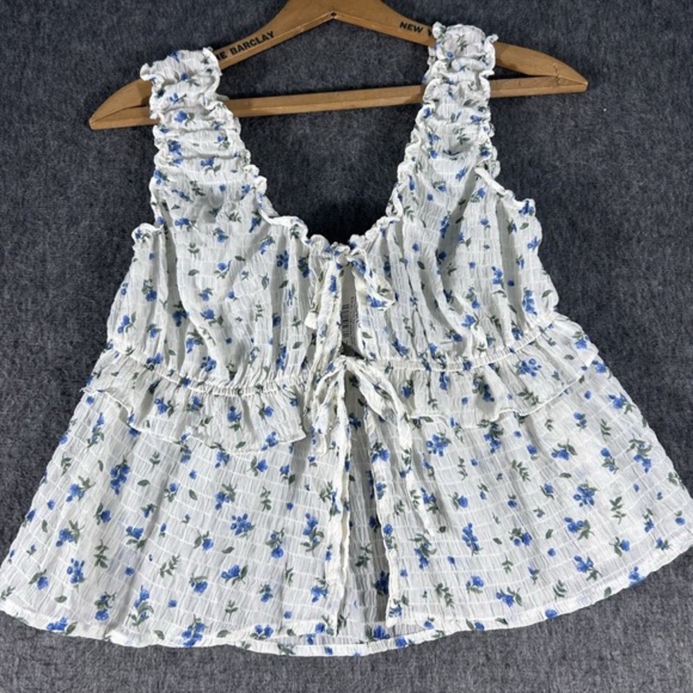 mine White Floral Ruffled Tie-Front Tank Top
